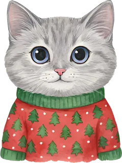 Gray kitten in a Christmas tree sweater