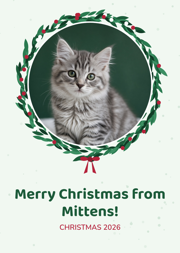 Example Christmas card with a gray tabby kitten photo inside an evergreen wreath frame